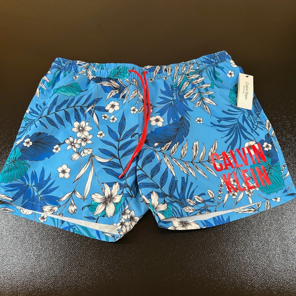 Calvin Klein Swim Trunks Floral Print Swim Shorts Beach Pool Blue Mens XXL NWT